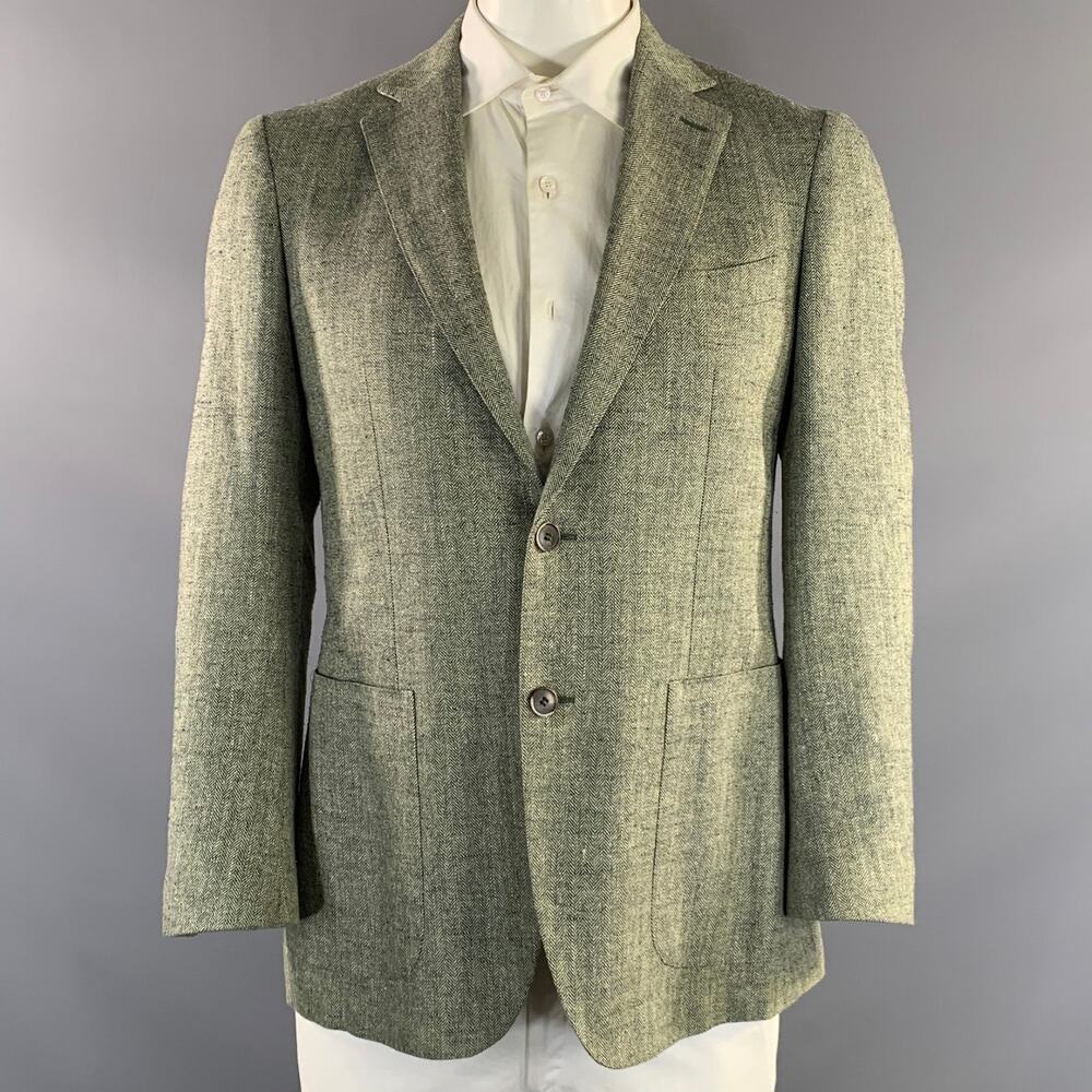 SUIT SUPPLY Chest Size 40 Green Olive Herringbone Silk Linen Sport Coat